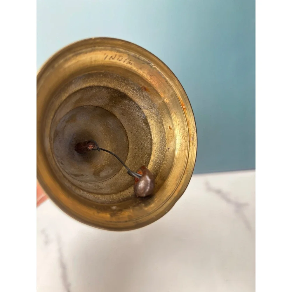 Vintage Etched Brass Hand Bell Wood Handle India Decorative Dinner Bell 7.5